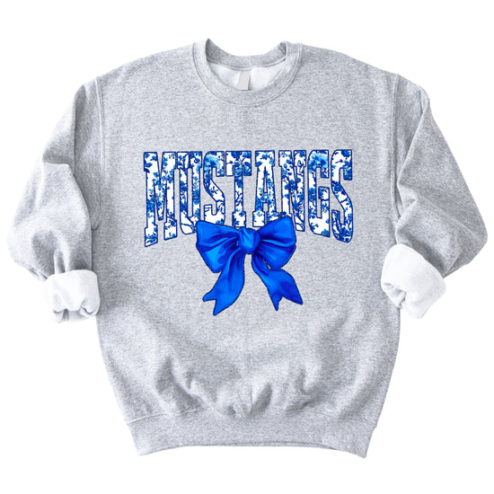 Mustangs blue floral coquette bow sweatshirt for women, Gray crewneck - image 3
