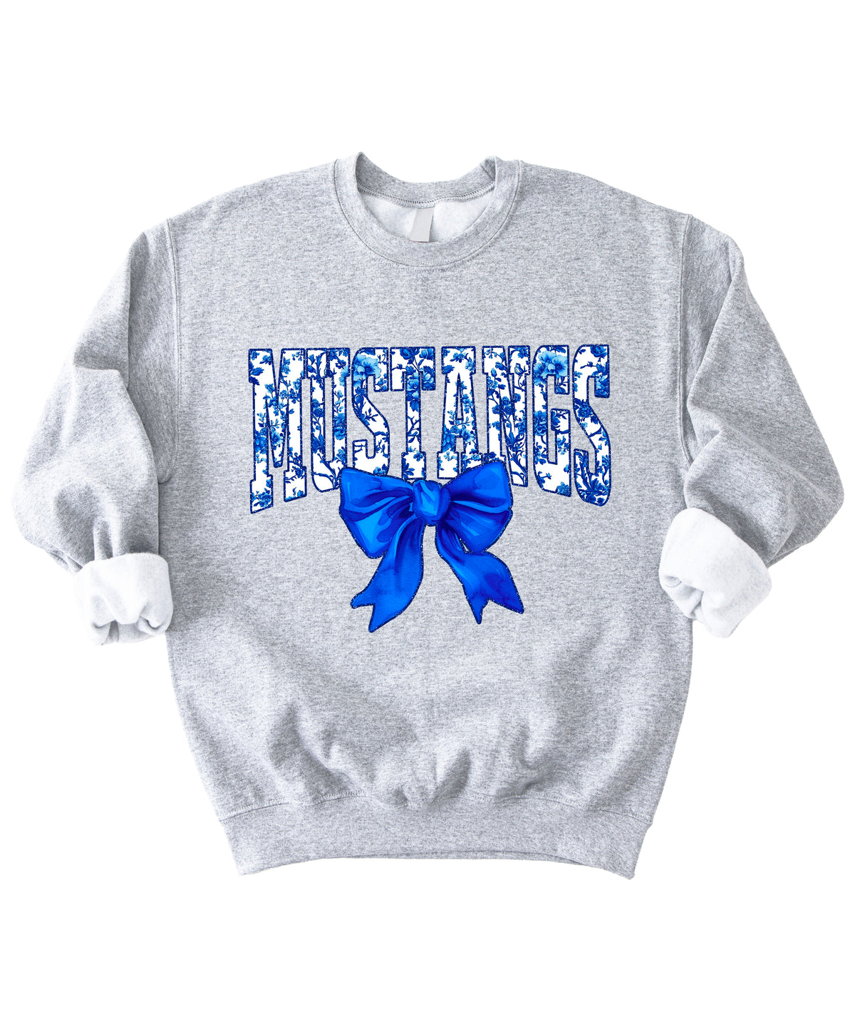 Mustangs blue floral coquette bow sweatshirt for women, Gray crewneck - image 3
