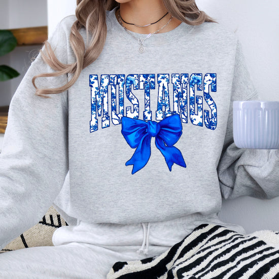 Mustangs blue floral coquette bow sweatshirt for women, Gray crewneck - image 4