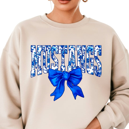 Mustangs blue floral coquette bow sweatshirt for women, Sand crewneck - image 1
