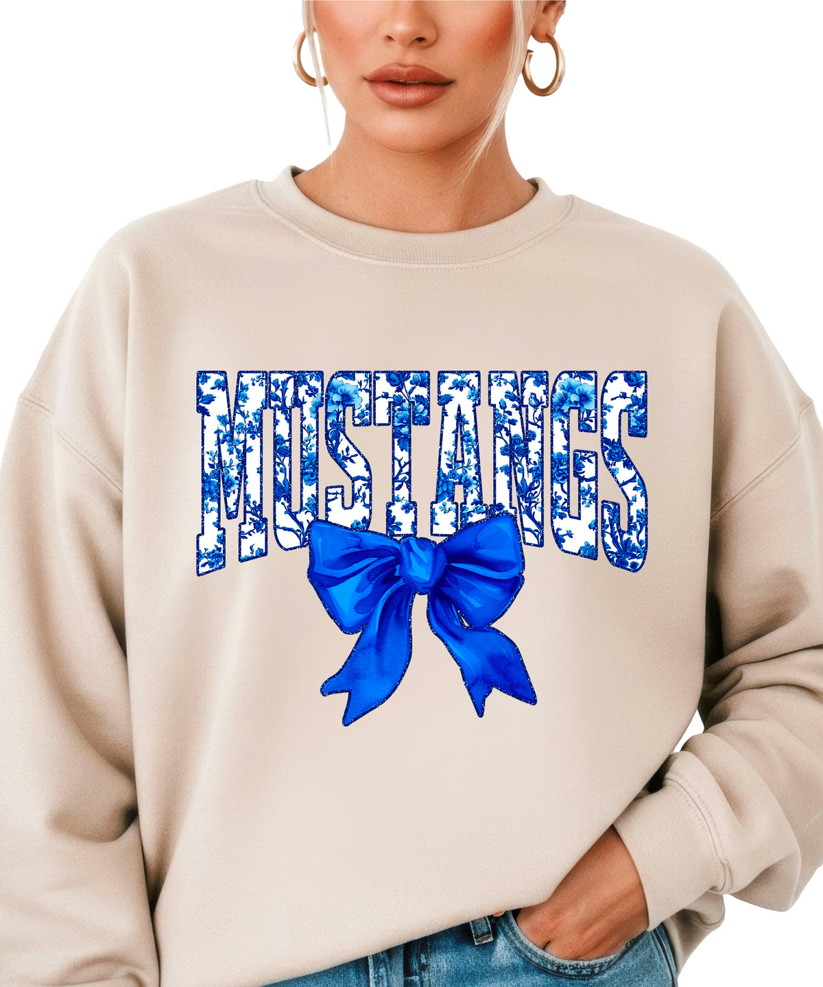 Mustangs blue floral coquette bow sweatshirt for women, Sand crewneck - image 1