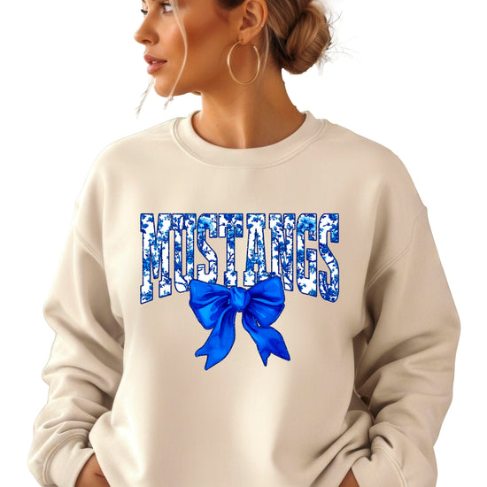 Mustangs blue floral coquette bow sweatshirt for women, Sand crewneck - image 2