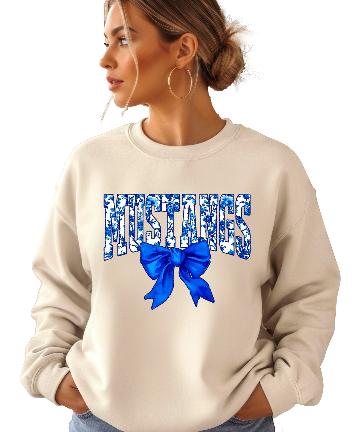 Mustangs blue floral coquette bow sweatshirt for women, Sand crewneck - image 2