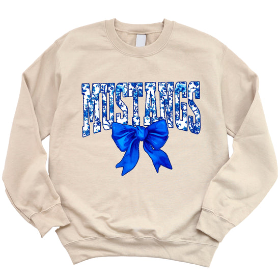 Mustangs blue floral coquette bow sweatshirt for women, Sand crewneck - image 3