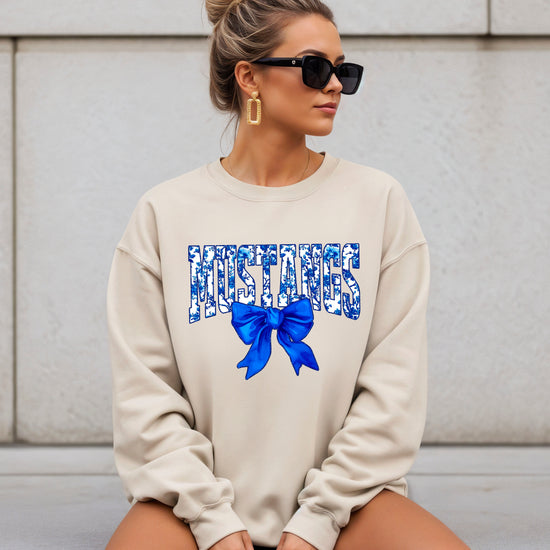 Mustangs blue floral coquette bow sweatshirt for women, Sand crewneck - image 4