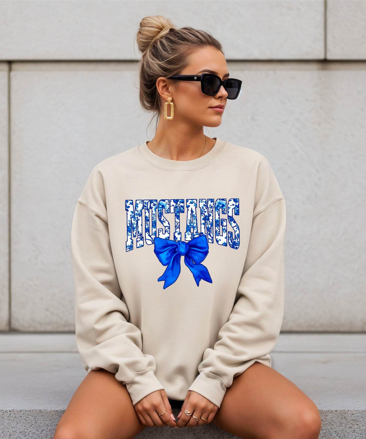 Mustangs blue floral coquette bow sweatshirt for women, Sand crewneck - image 4
