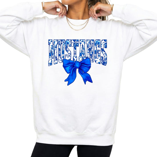 Mustangs blue floral coquette bow sweatshirt for women, White crewneck - image 1