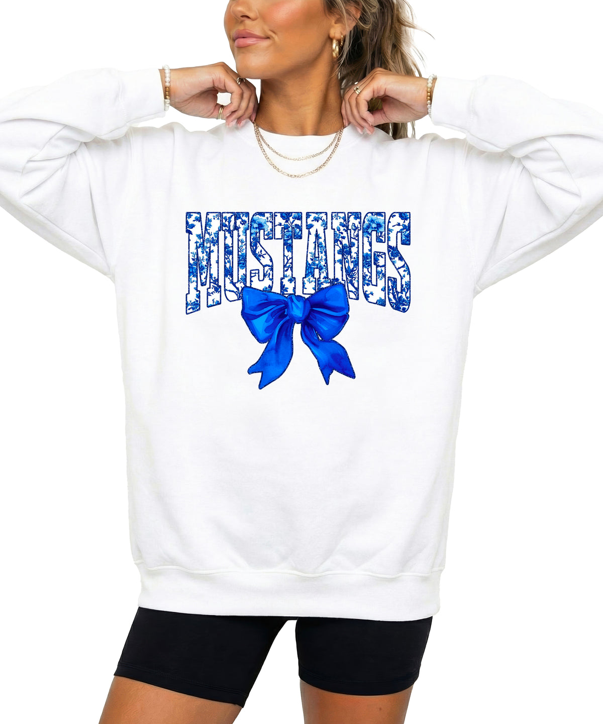 Mustangs blue floral coquette bow sweatshirt for women, White crewneck - image 1