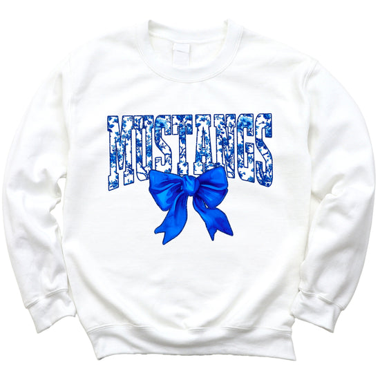 Mustangs blue floral coquette bow sweatshirt for women, White crewneck - image 3