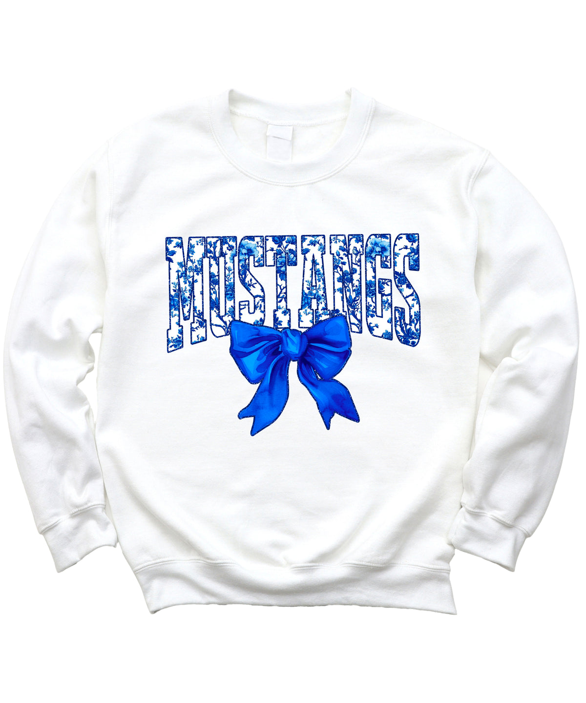 Mustangs blue floral coquette bow sweatshirt for women, White crewneck - image 3
