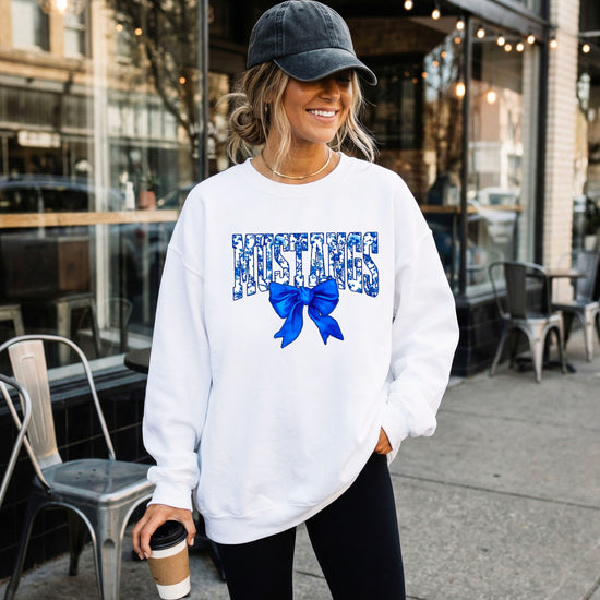 Mustangs blue floral coquette bow sweatshirt for women, White crewneck - image 4