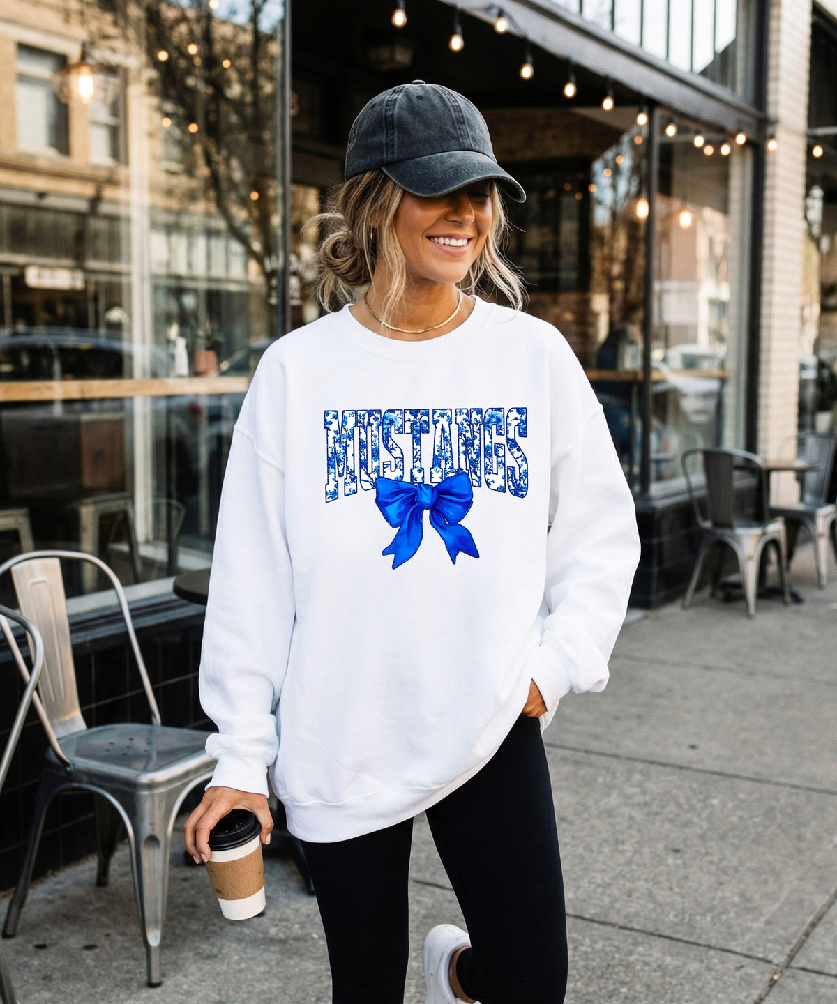 Mustangs blue floral coquette bow sweatshirt for women, White crewneck - image 4