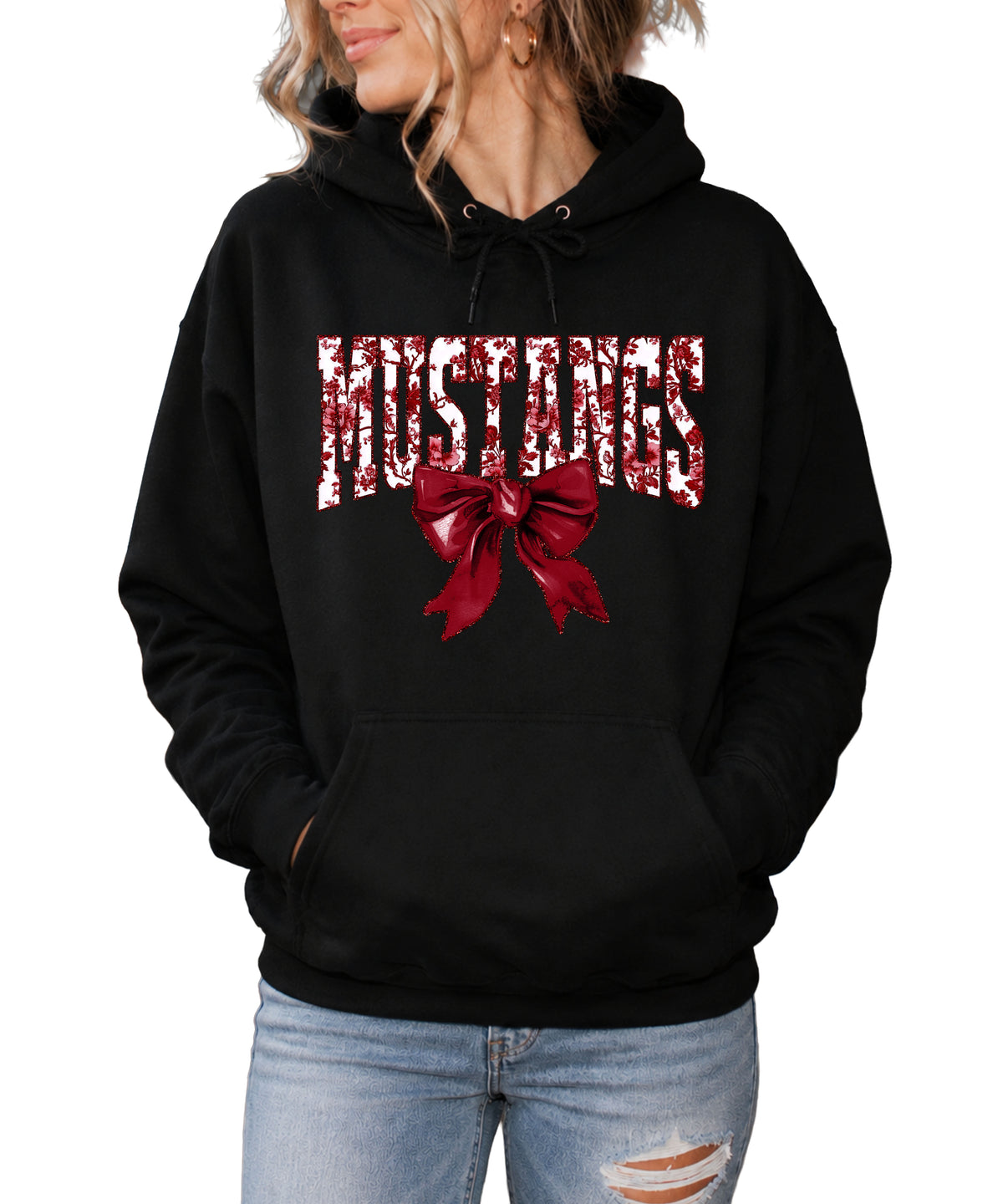 Mustangs floral bow hoodie for women in black, varsity MUSTANGS letters with maroon and white floral print and maroon bow, image 1