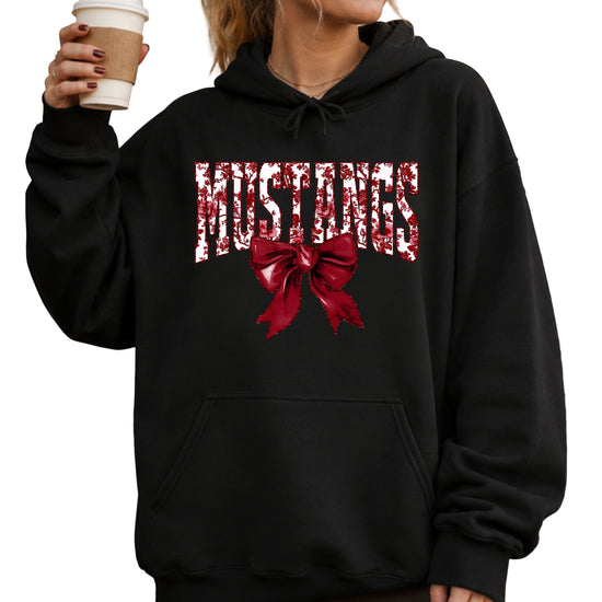 Mustangs floral bow hoodie for women in black, varsity MUSTANGS letters with maroon and white floral print and maroon bow, image 2