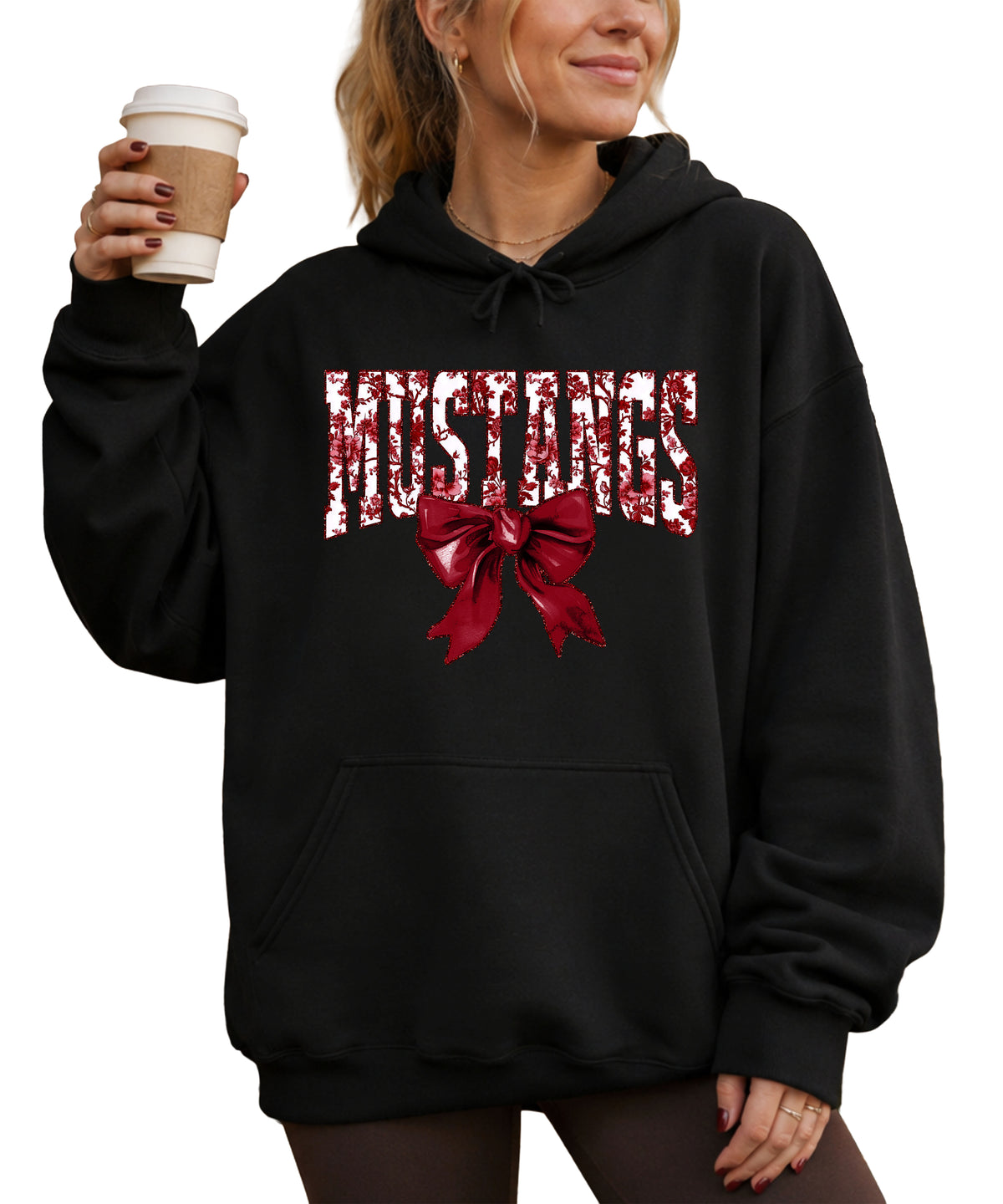 Mustangs floral bow hoodie for women in black, varsity MUSTANGS letters with maroon and white floral print and maroon bow, image 2