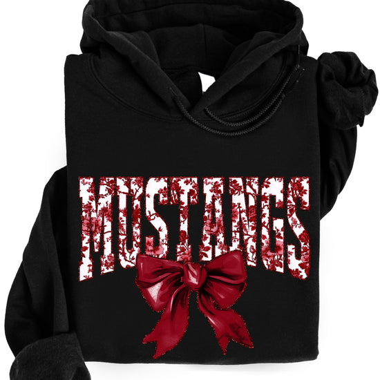 Mustangs floral bow hoodie for women in black, varsity MUSTANGS letters with maroon and white floral print and maroon bow, image 3