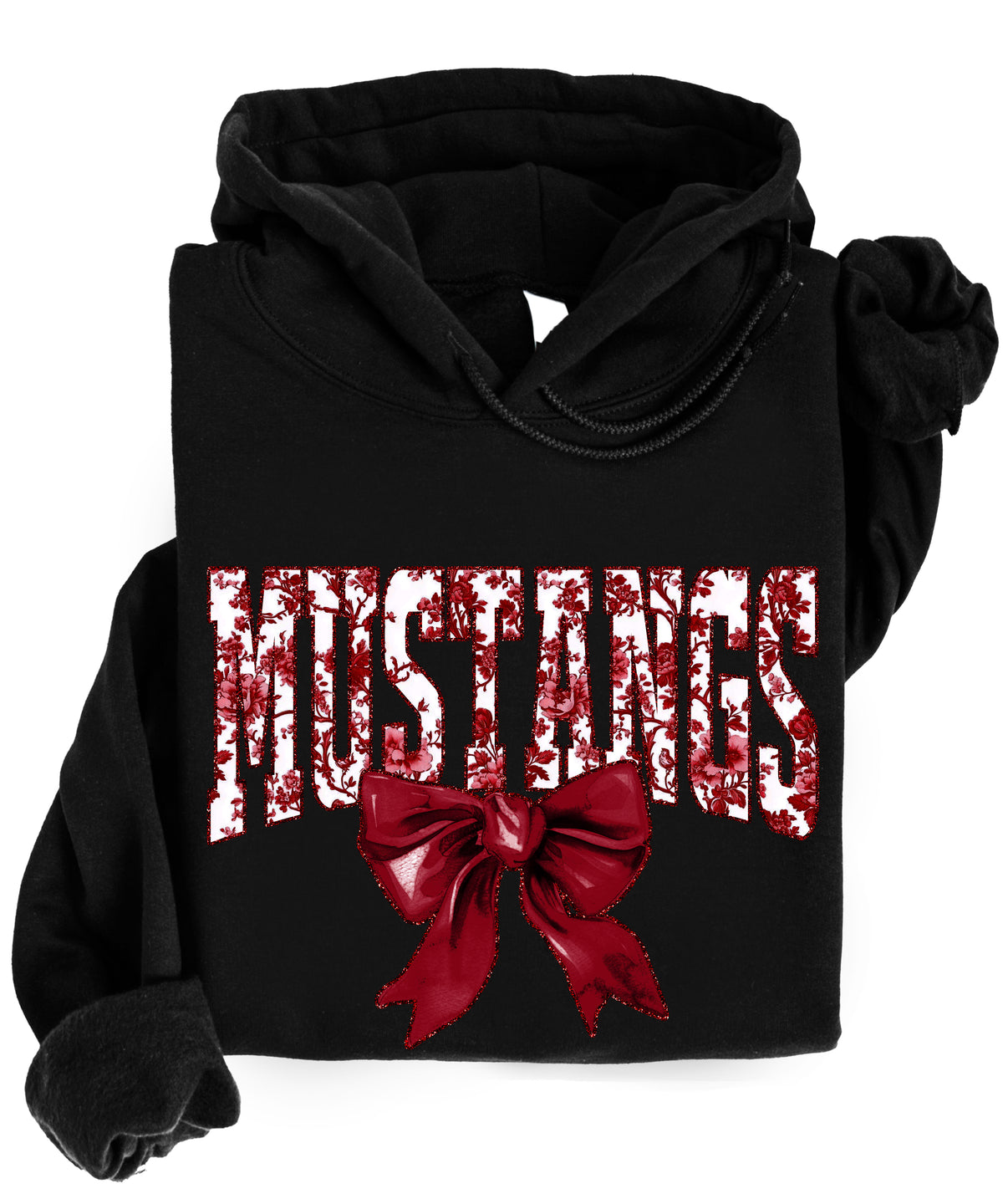 Mustangs floral bow hoodie for women in black, varsity MUSTANGS letters with maroon and white floral print and maroon bow, image 3