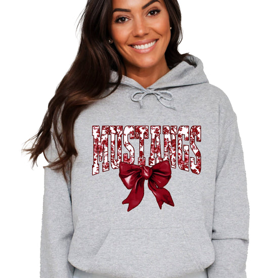 Mustangs floral bow hoodie for women in gray, varsity MUSTANGS letters with maroon and white floral print and maroon bow, image 1