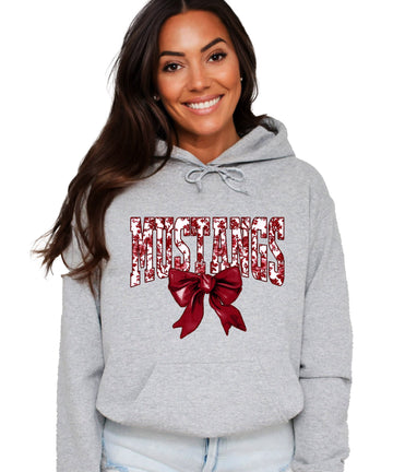Mustangs floral bow hoodie for women in gray, varsity MUSTANGS letters with maroon and white floral print and maroon bow, image 1