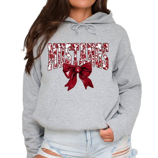 Mustangs floral bow hoodie for women in gray, varsity MUSTANGS letters with maroon and white floral print and maroon bow, image 2