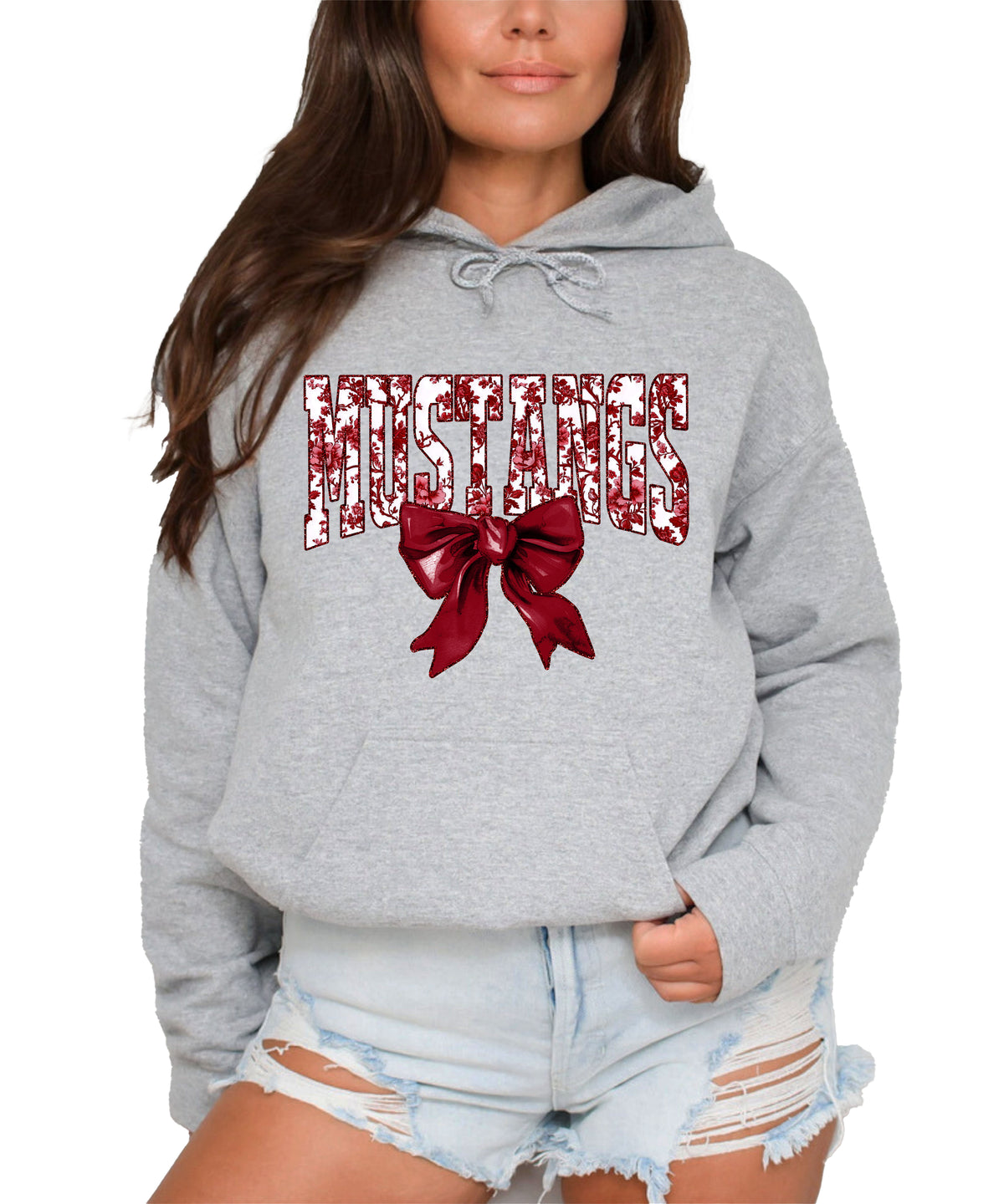 Mustangs floral bow hoodie for women in gray, varsity MUSTANGS letters with maroon and white floral print and maroon bow, image 2