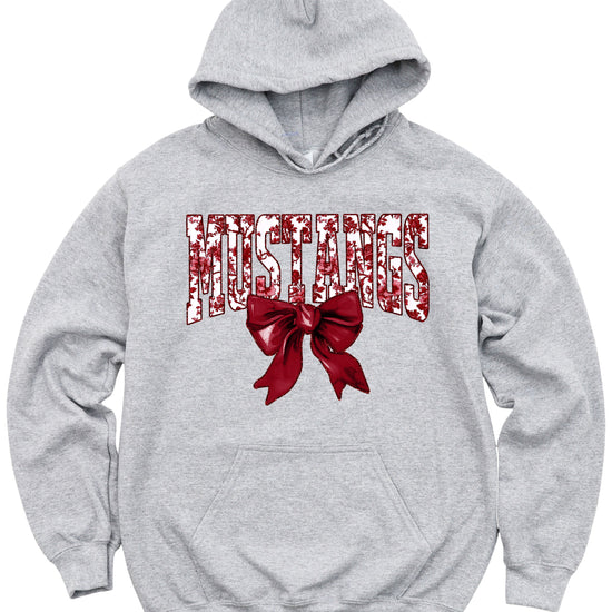 Mustangs floral bow hoodie for women in gray, varsity MUSTANGS letters with maroon and white floral print and maroon bow, image 3
