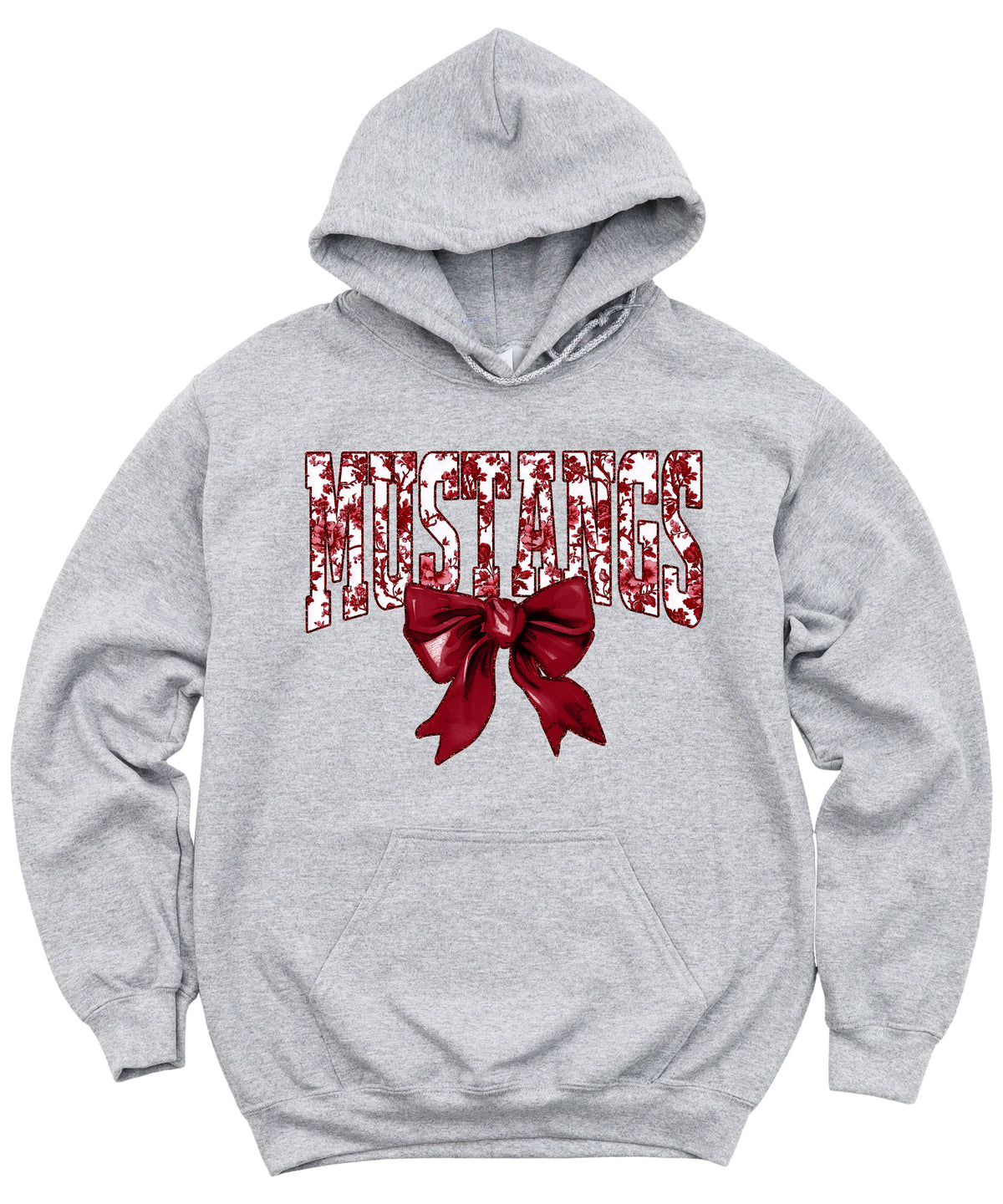Mustangs floral bow hoodie for women in gray, varsity MUSTANGS letters with maroon and white floral print and maroon bow, image 3