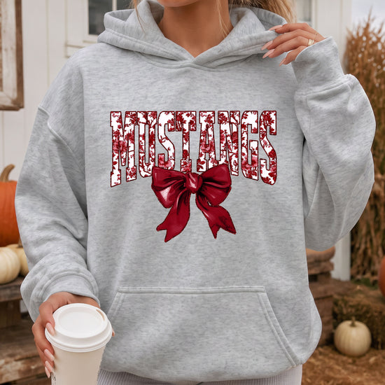 Mustangs floral bow hoodie for women in gray, varsity MUSTANGS letters with maroon and white floral print and maroon bow, image 4