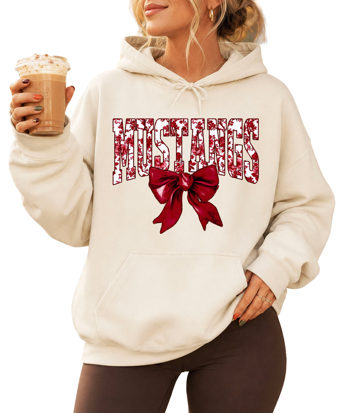 Mustangs floral bow hoodie for women in sand, varsity MUSTANGS letters with maroon and white floral print and maroon bow, image 1