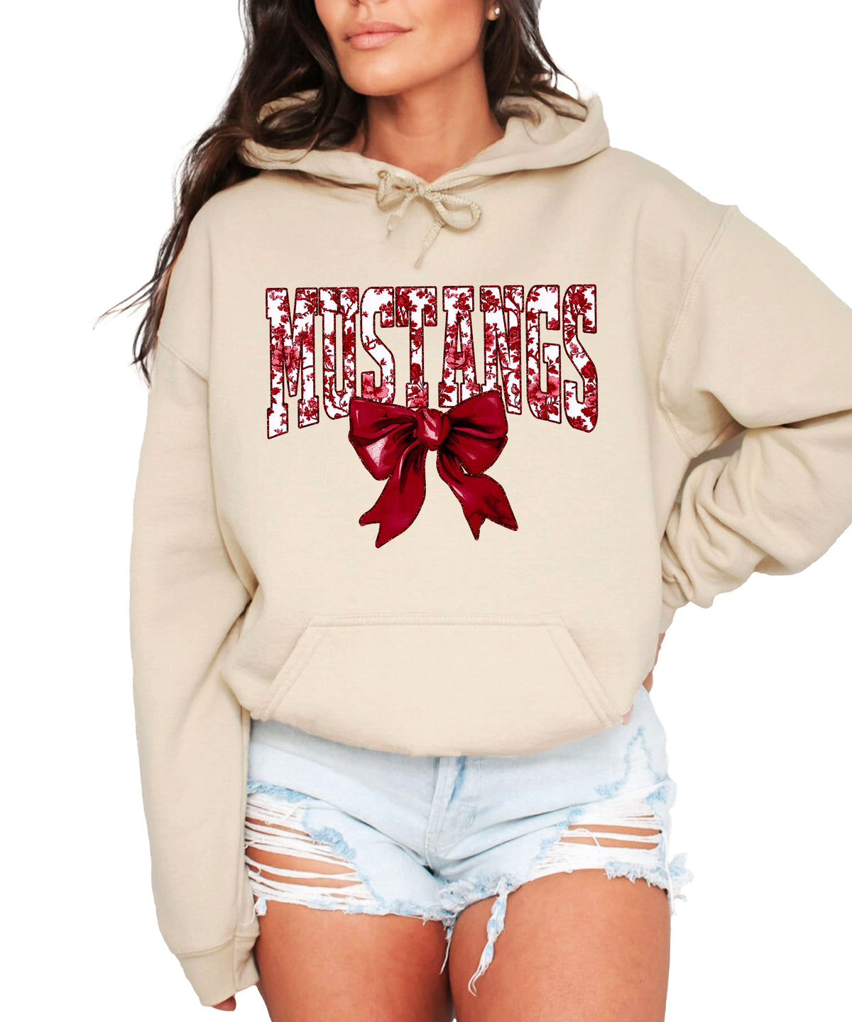 Mustangs floral bow hoodie for women in sand, varsity MUSTANGS letters with maroon and white floral print and maroon bow, image 2