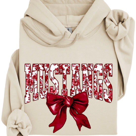 Mustangs floral bow hoodie for women in sand, varsity MUSTANGS letters with maroon and white floral print and maroon bow, image 3