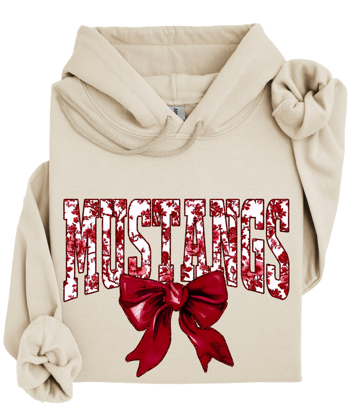 Mustangs floral bow hoodie for women in sand, varsity MUSTANGS letters with maroon and white floral print and maroon bow, image 3