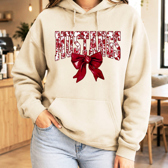 Mustangs floral bow hoodie for women in sand, varsity MUSTANGS letters with maroon and white floral print and maroon bow, image 4