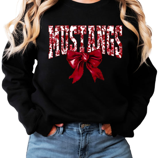 Maroon floral MUSTANGS coquette bow game day crewneck sweatshirt for women, Black sweatshirt, view 1