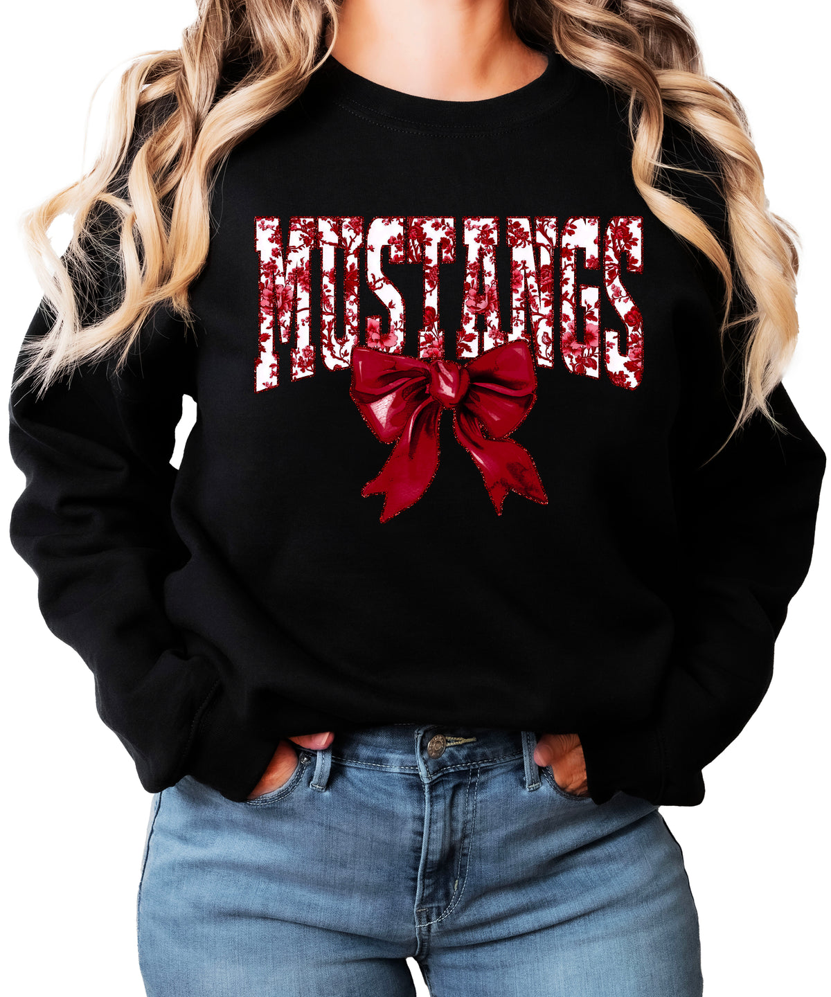 Maroon floral MUSTANGS coquette bow game day crewneck sweatshirt for women, Black sweatshirt, view 1