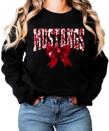 Maroon floral MUSTANGS coquette bow game day crewneck sweatshirt for women, Black sweatshirt, view 1