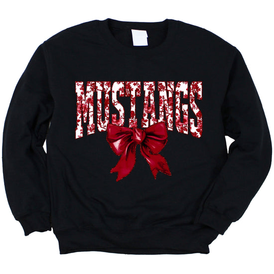Maroon floral MUSTANGS coquette bow game day crewneck sweatshirt for women, Black sweatshirt, view 3