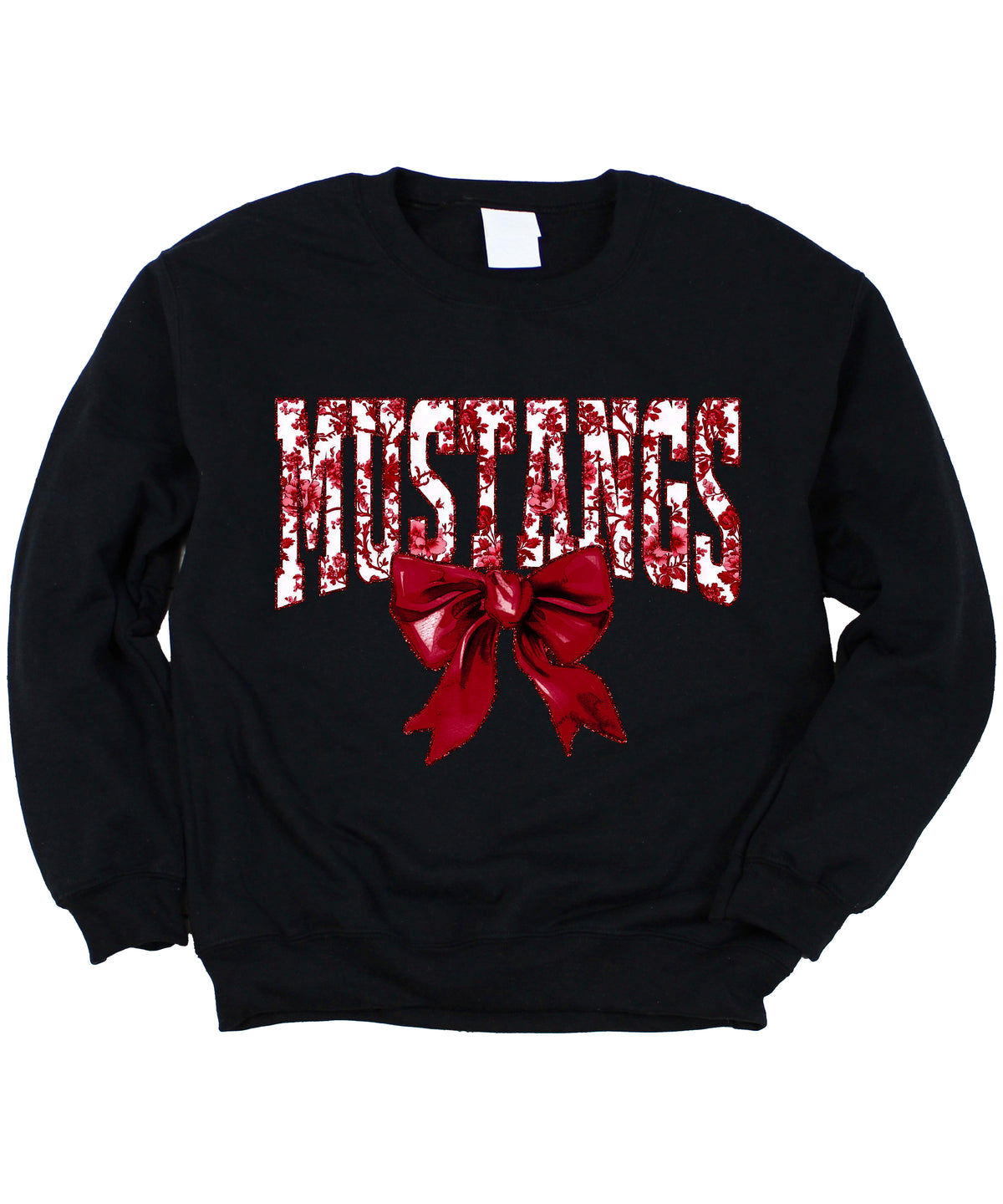 Maroon floral MUSTANGS coquette bow game day crewneck sweatshirt for women, Black sweatshirt, view 3