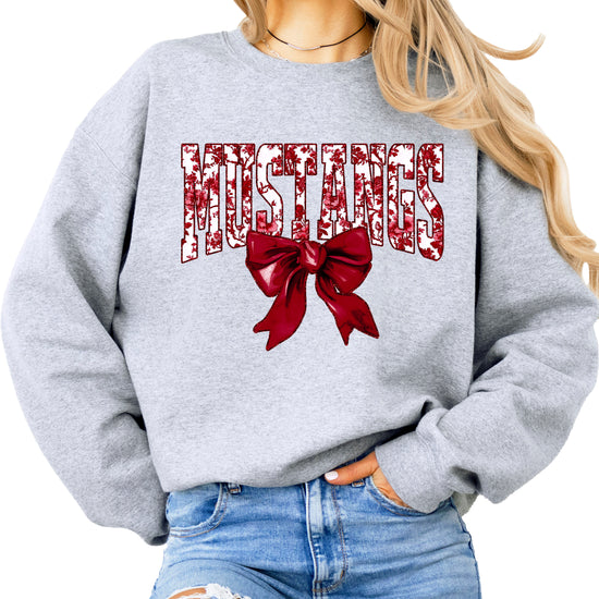 Maroon floral MUSTANGS coquette bow game day crewneck sweatshirt for women, Gray sweatshirt, view 1