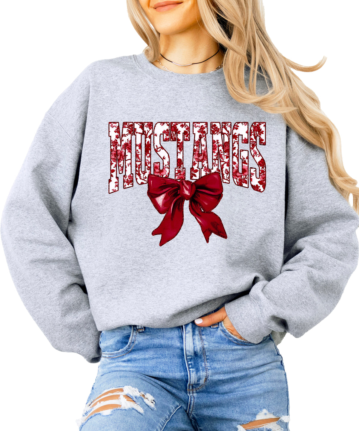 Maroon floral MUSTANGS coquette bow game day crewneck sweatshirt for women, Gray sweatshirt, view 1