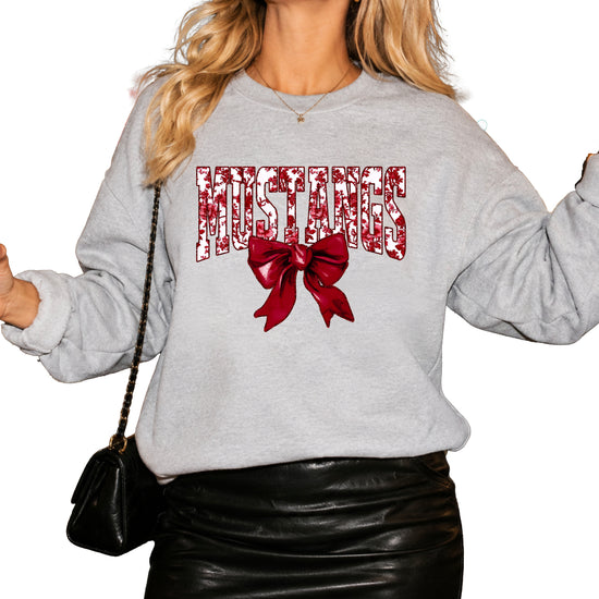 Maroon floral MUSTANGS coquette bow game day crewneck sweatshirt for women, Gray sweatshirt, view 2