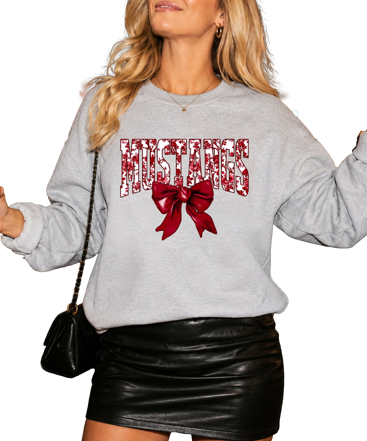 Maroon floral MUSTANGS coquette bow game day crewneck sweatshirt for women, Gray sweatshirt, view 2