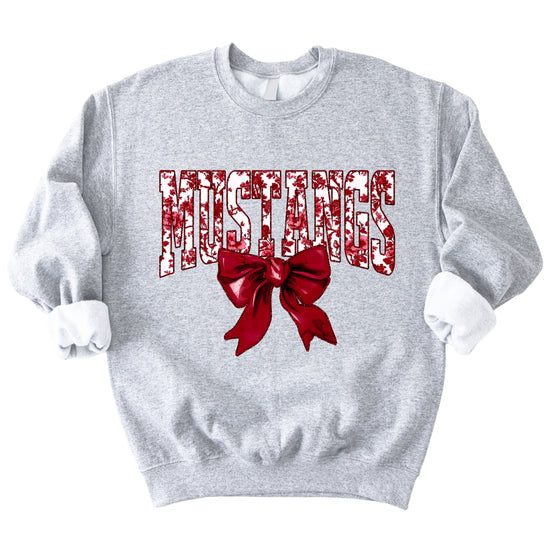 Maroon floral MUSTANGS coquette bow game day crewneck sweatshirt for women, Gray sweatshirt, view 3