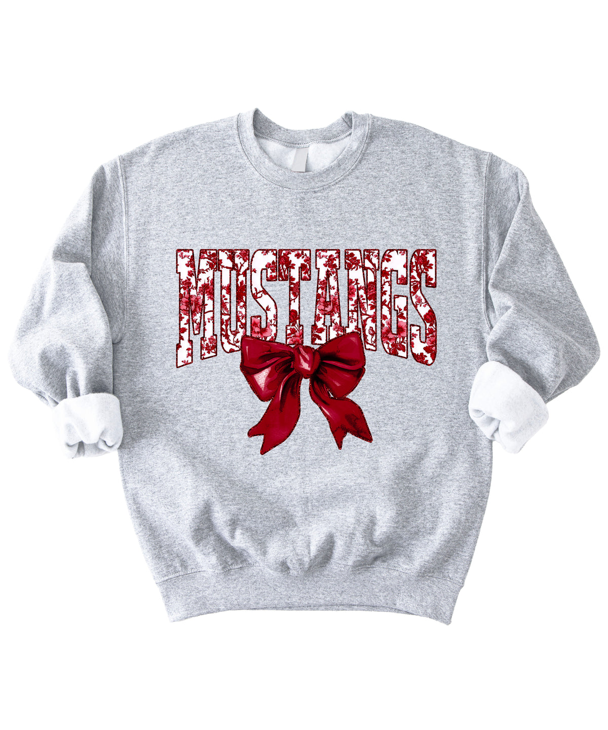 Maroon floral MUSTANGS coquette bow game day crewneck sweatshirt for women, Gray sweatshirt, view 3