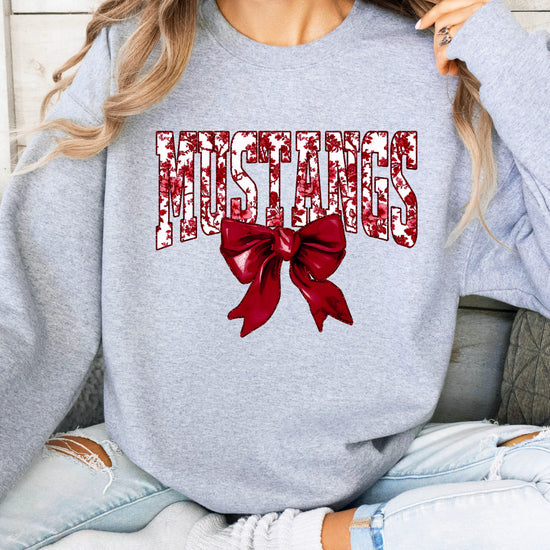 Maroon floral MUSTANGS coquette bow game day crewneck sweatshirt for women, Gray sweatshirt, view 4