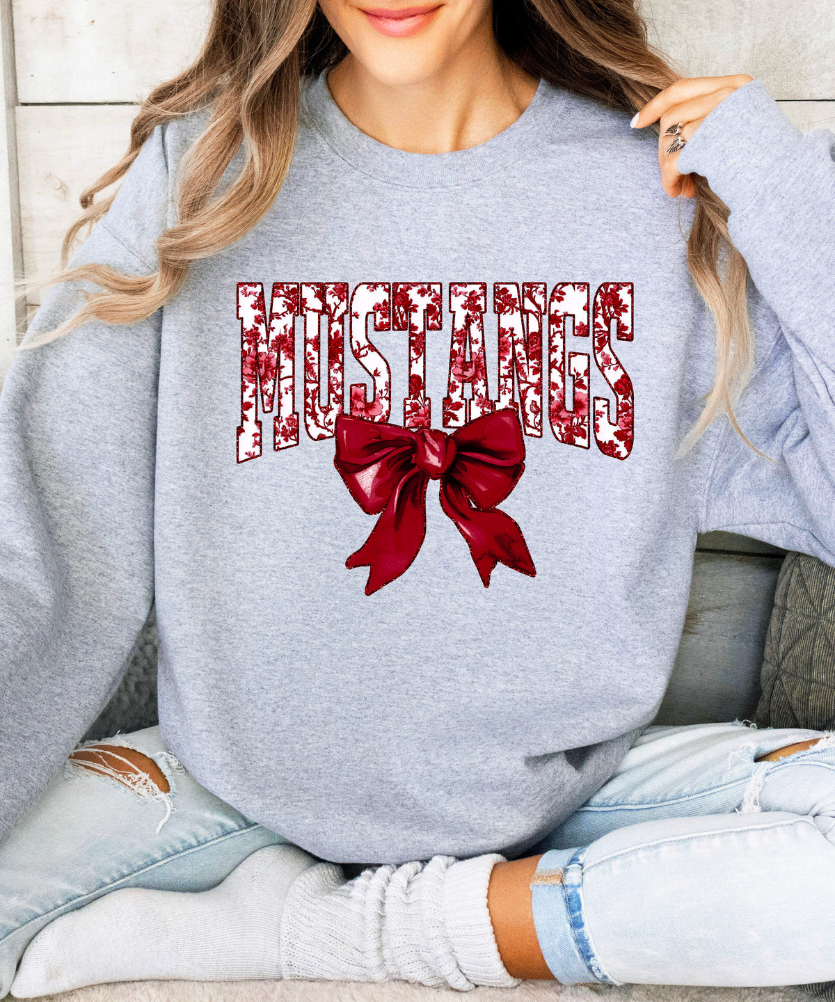 Maroon floral MUSTANGS coquette bow game day crewneck sweatshirt for women, Gray sweatshirt, view 4