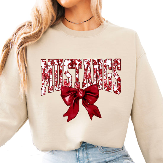 Maroon floral MUSTANGS coquette bow game day crewneck sweatshirt for women, Sand sweatshirt, view 1