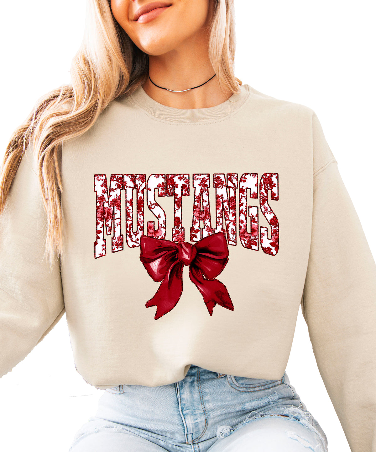 Maroon floral MUSTANGS coquette bow game day crewneck sweatshirt for women, Sand sweatshirt, view 1