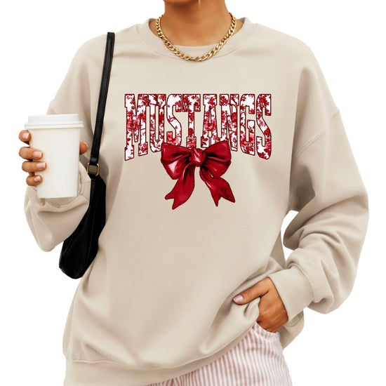 Maroon floral MUSTANGS coquette bow game day crewneck sweatshirt for women, Sand sweatshirt, view 2