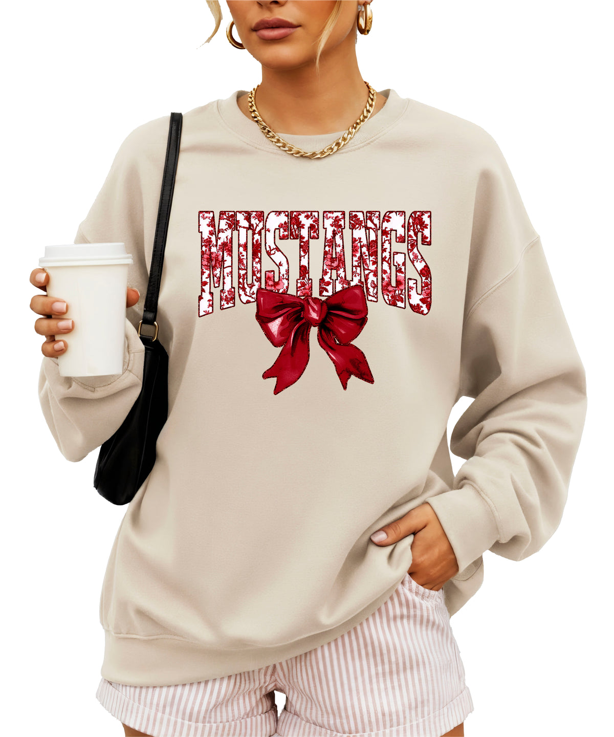 Maroon floral MUSTANGS coquette bow game day crewneck sweatshirt for women, Sand sweatshirt, view 2